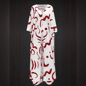 Chic Red and White Abstract 2PC Pantsuit